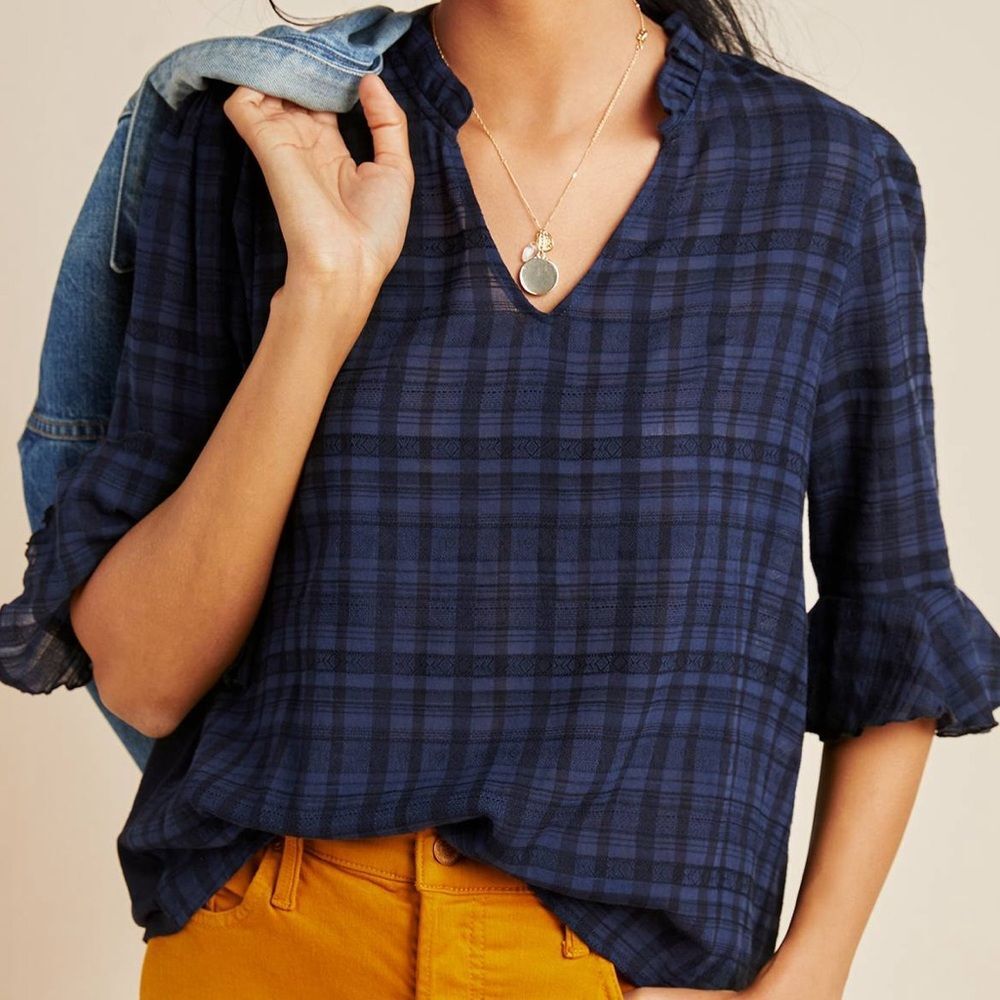 Anthropologie Dolan Navy Plaid Ruffle Sleeve Top size XS